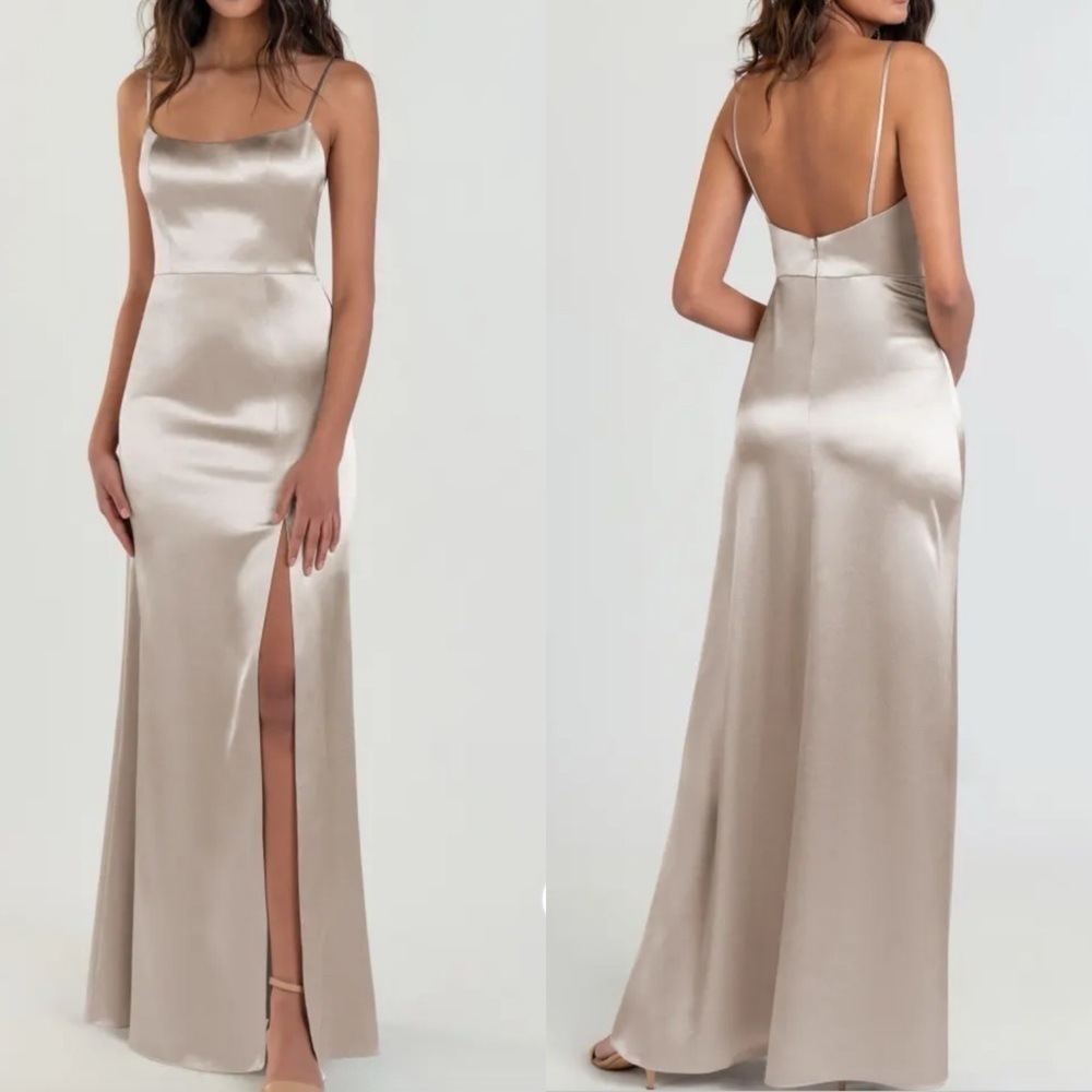 Jenny Yoo Chase Scoop Neck Open Back Bridesmaid Dress, Latte, Size 14
